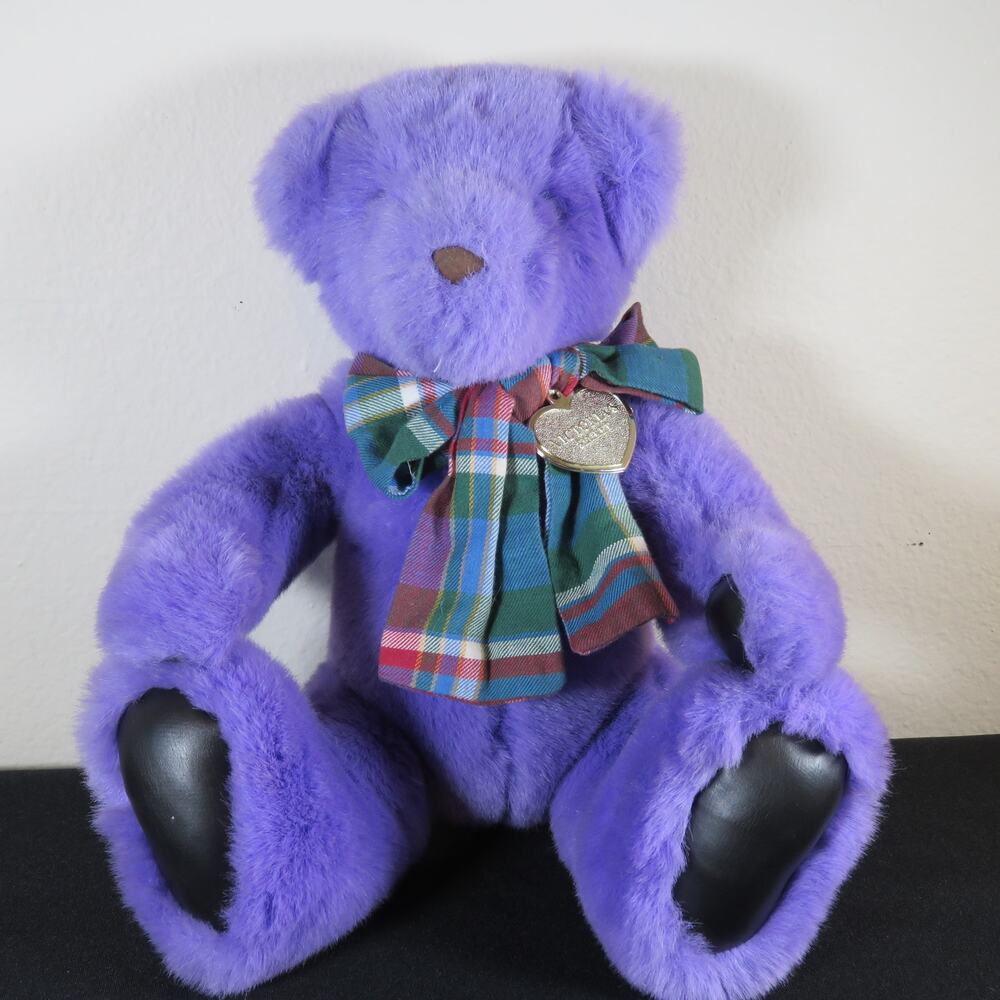 Victoria's Secret Purple Plush Bear by Gund with Tartan Bow & Heart Pendant 15"